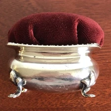 Mappin & Webb Footed Silverplate Salt Cellar as a Red Velvet Pin Cushion 2 1/2"
