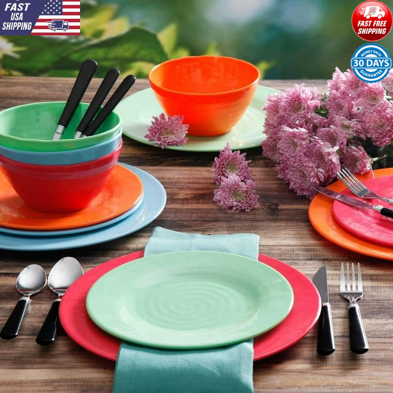 12-Piece Melamine Dinnerware Set Service Top Rack Dishwasher
