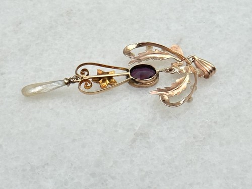 Antique Victorian Edwardian 10k Rose Gold Amethyst Diamond Pearl Pendant - Picture 4 of 5