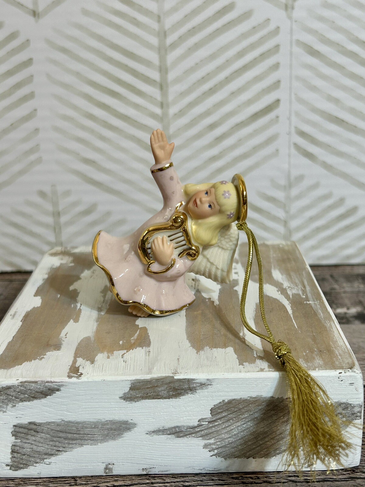 Lenox Christmas Angel Ornament with Pink Dress & Harp for Tree Decoration