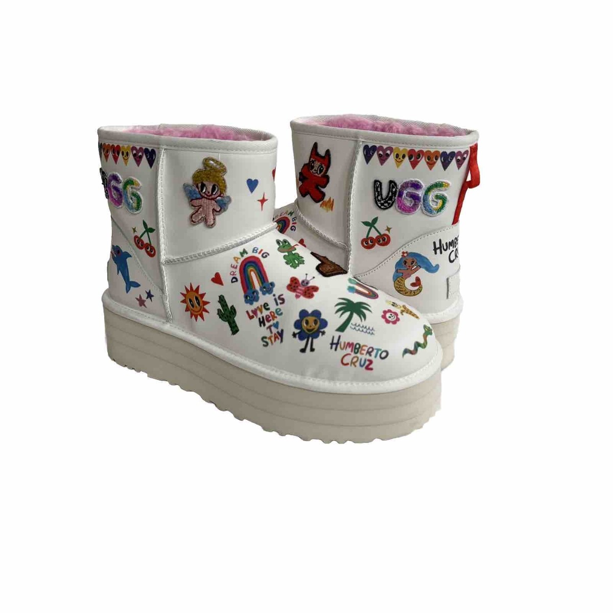 UGG CLASSIC MINI PLATFORM POP SKETCH WHITE SHEARLING BOOTS UGG CLASSIC MINI PLATFORM POP SKETCH WHITE SHEARLING BOOTS