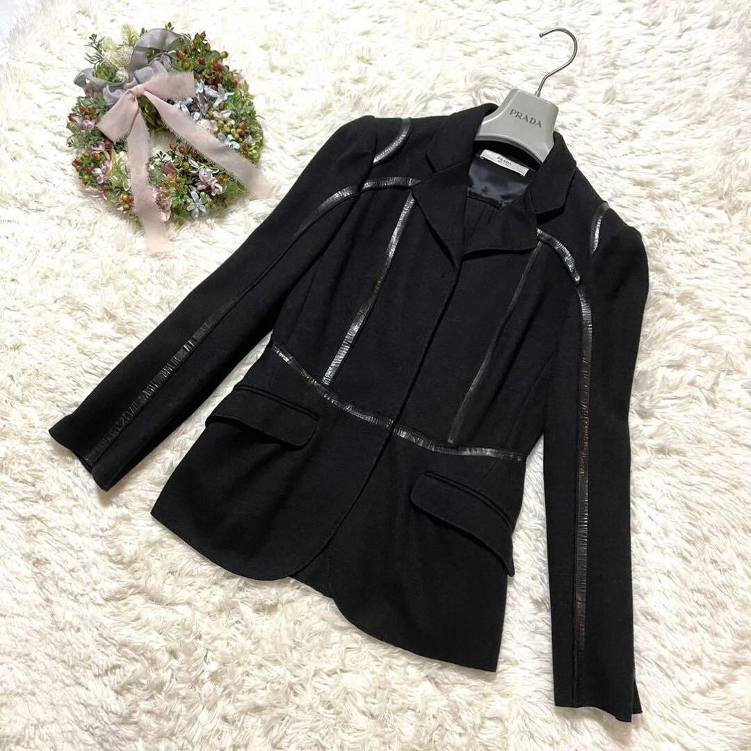 Giacca donna PRADA smaltata piping blouson taglia 38 nera 100% lana