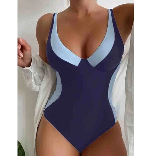 Damen Gepolstert Farbblock Einteiliger Bademode Badeanzug Swimsuit - Bild 6 von 13