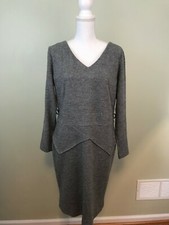 Violeta Mango Dress Medium Charcoal Gray Herringbone Shift V-Neck Peplum Size 14
