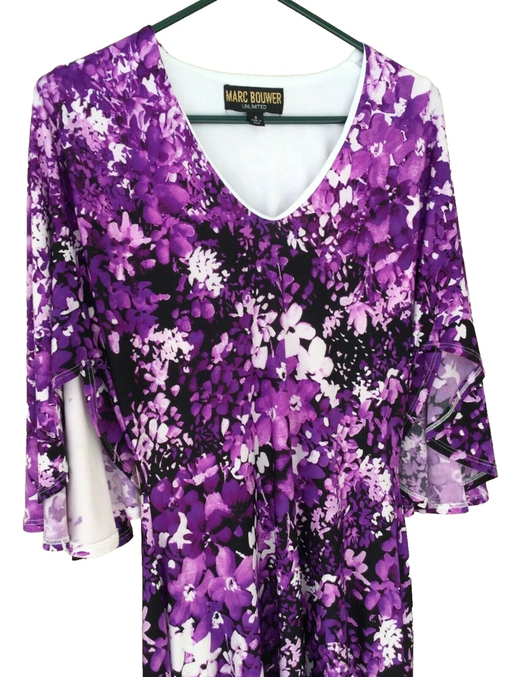 Marc Bouwer Purple Floral Dress White Print Size Small Fit & Flare Wedding Party - Image 2 of 4