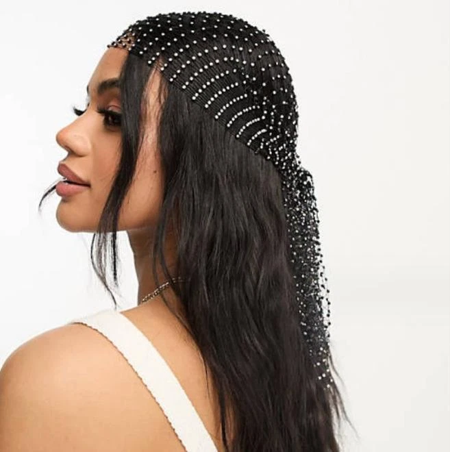 Women Crystal Mesh Hair Net Crochet Cap Snood Rhinestone Turban Hats Head Scarf - Image 3 of 4