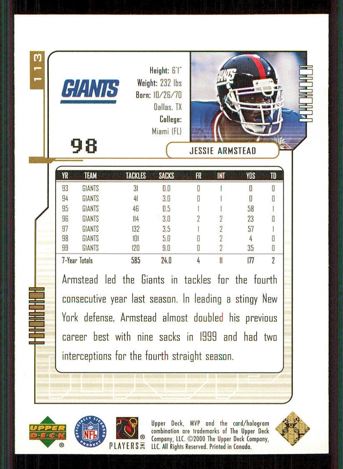 2000 Upper Deck MVP Gold Script #113 Jessie Armstead - Image 2 of 2