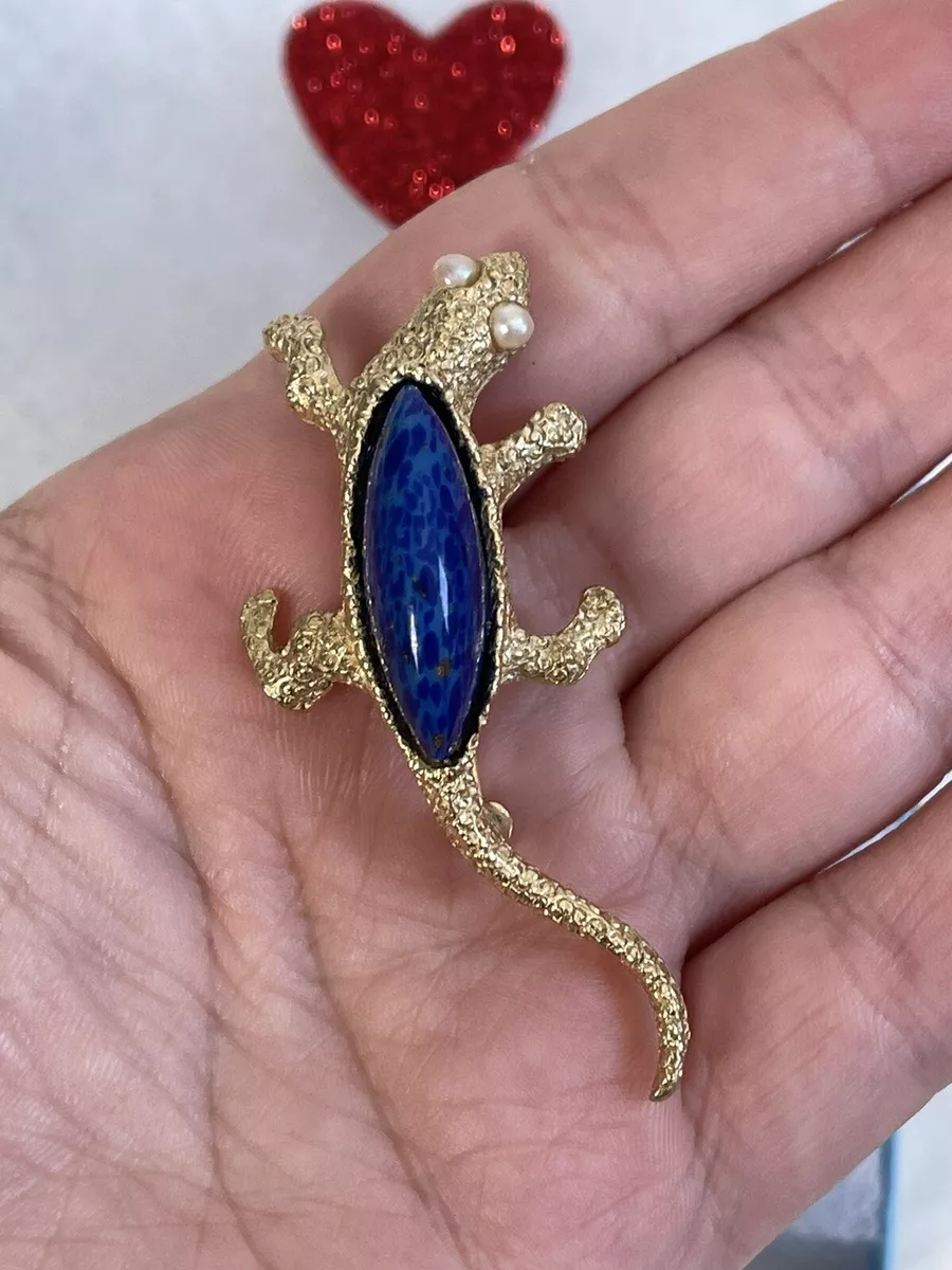Hobe brooch Lizard Large Blue Lapis Faux Pearl eyes Gold Body Very Cute Rare