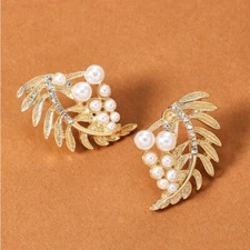 Beautiful Bohemian Leaves With Pearls Vine & CZ Gold Tone Earrings
