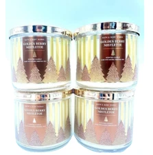 Bath & Body Works 3 Wick Candles 14.5 oz LOT of 4 Golden Berry Mistletoe Xmas