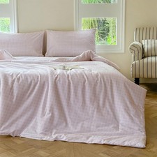 Pink Gingham Grid Duvet Cover Set Twin, 100 Washed Cotton Plaid Comforter Co...