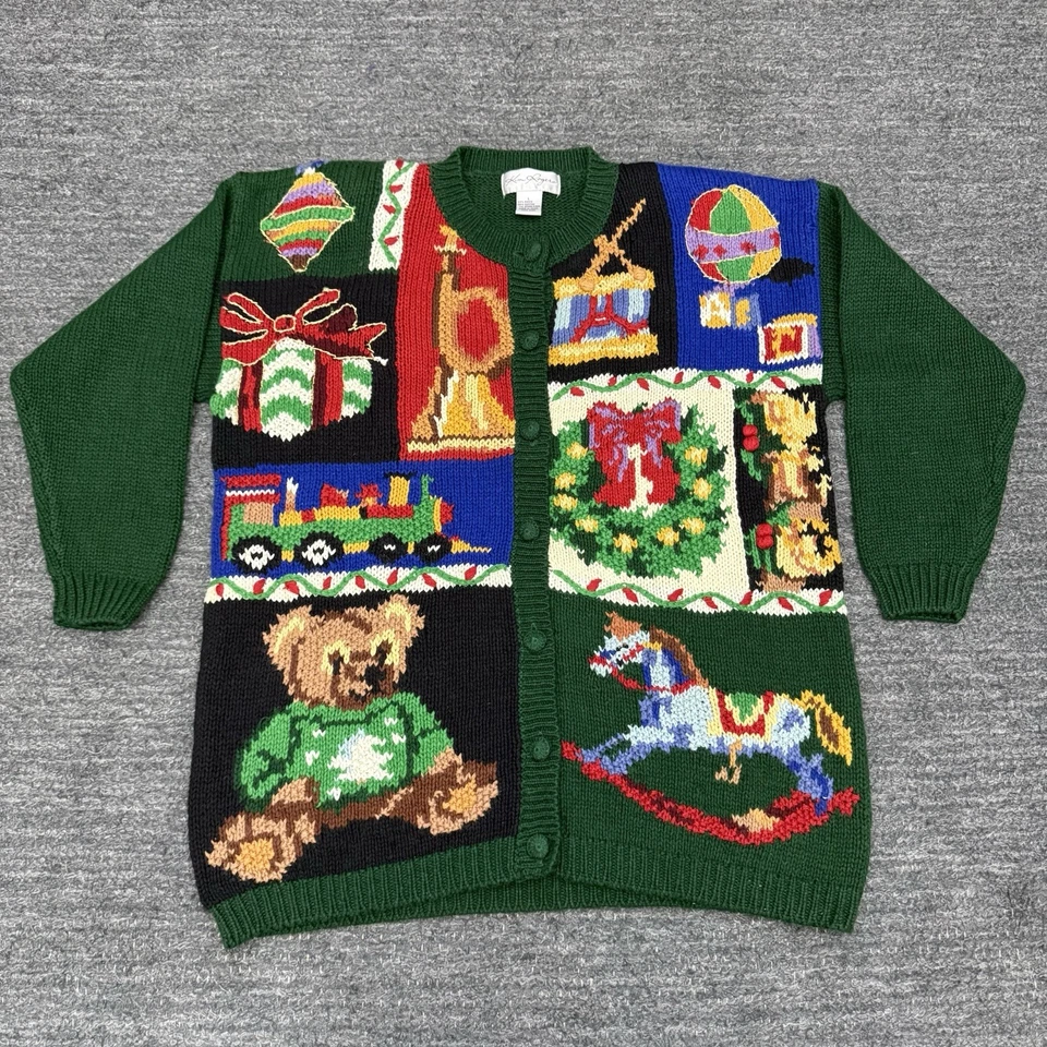 Vintage Kim Rogers Christmas Sweater Women Large Patchwork Cardigan Grandma Ugly - Image 2 of 4