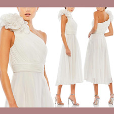 NWT Mac Duggal [ 0 ] 49491 Rosette One Shoulder Tea Length Dress White #S811