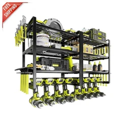 Space-Saving Wall Mounted Tool Organizer, 4-Tier Rack with Side Hooks - 2-Pack