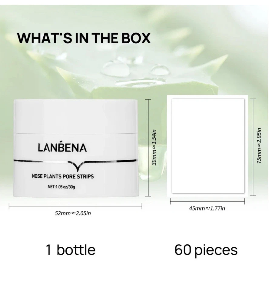 Máscara facial Lanbena Aloe Removedor de Espinillas Crema Nariz Poro Tiras, 30 g + 60 piezas Foto 2 de 4