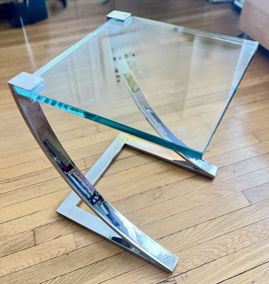 Mid-Century Modern End Table - Chrome C-Shaped Frame w Cantilevered Glass Top - Image 2 of 4