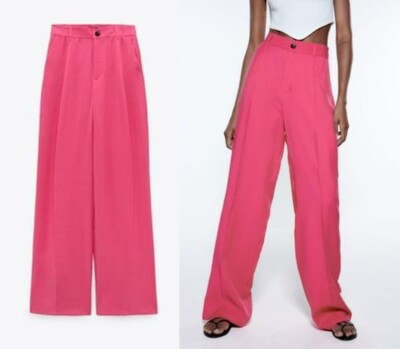 ZARA WIDE LEG PINK HI RISE TROUSERS PANTS - S | eBay