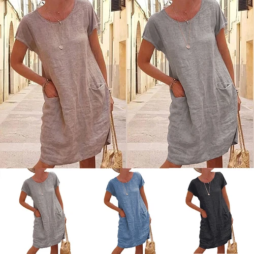 Sommer Damen Baumwolle Leinen Midikleid Damen lässig locker Pullover Tasche Kleid - Bild 6 von 17