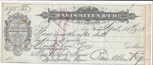 1881 Note/Check from NY Liquor Importer Paris, Allen, Presented for Collection