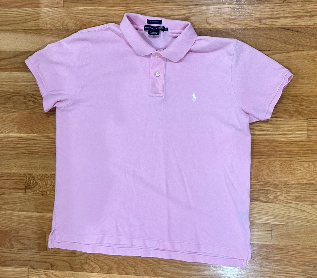 Ralph Lauren camicia uomo XL rosa manica corta maglia fine bianco pony vestibilità classica