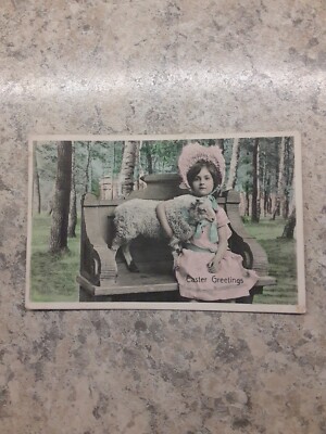 1909 Easter Greetings Postcard Girl & Lamb on Bench Fancy Dress & Bonnet