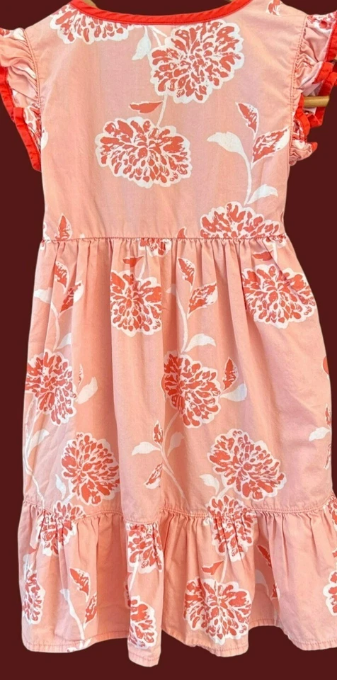 Tea Collection Girls Pink Coral Floral Wrap Tiered Dress Size 5 Flutter Sleeve - Image 3 of 4