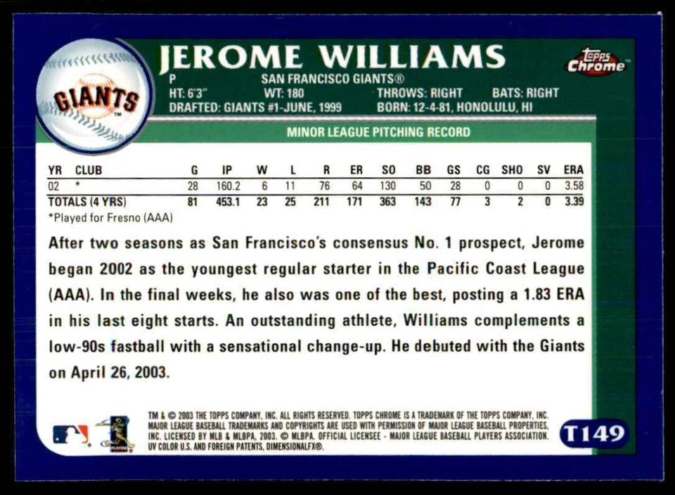 2003 Topps Chrome Jerome Williams San Francisco Giants #T149 - Изображение 2 из 2