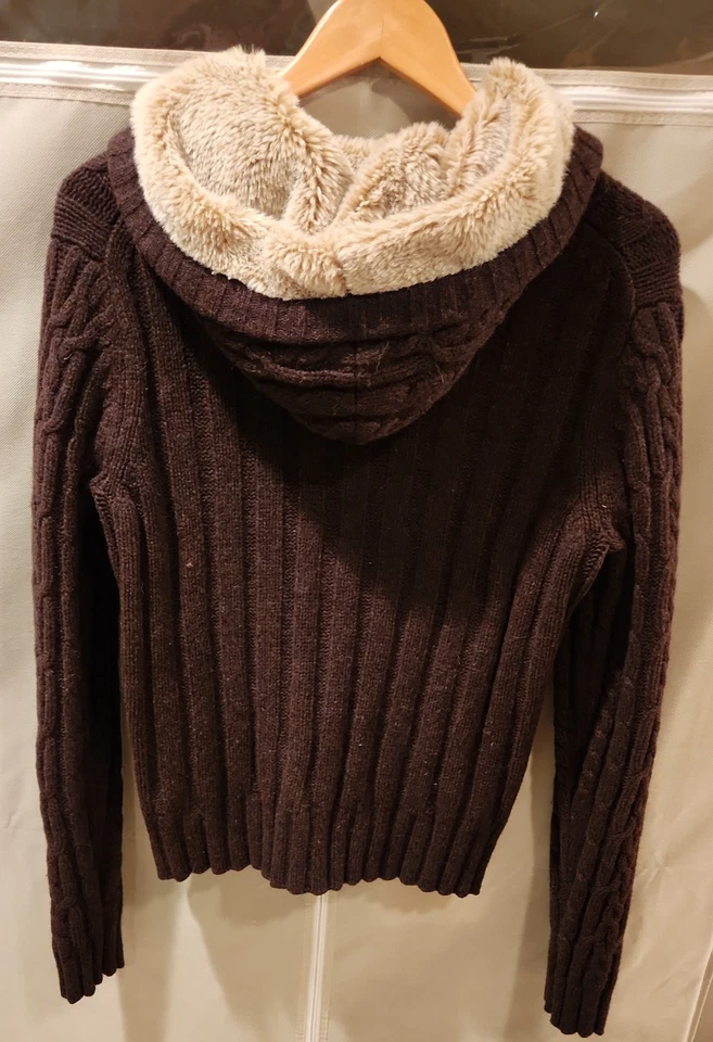 Vtg GAP Sweater Womens Large Cable Knit Wool Faux Fur Hooded Cardigan Chunky Y2K - Image 2 of 4