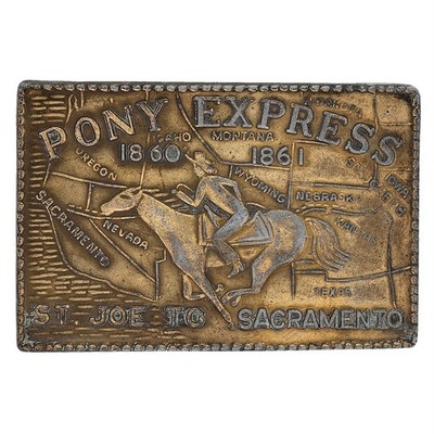 Vintage 80s Pony Express St Joe to Sacramento 1860 1861 Mail Rider Belt Buckle