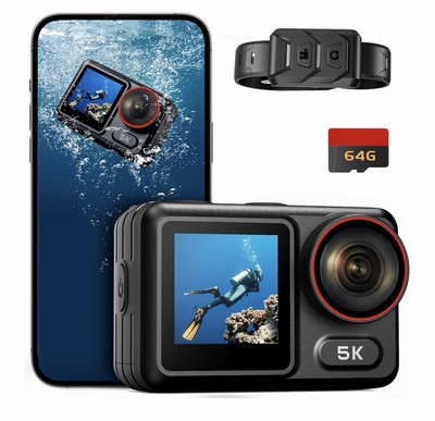 ODDV 5K30FPS Waterproof Action Camera with 64GB Card, IPX7 & 34FT Underwater Cam