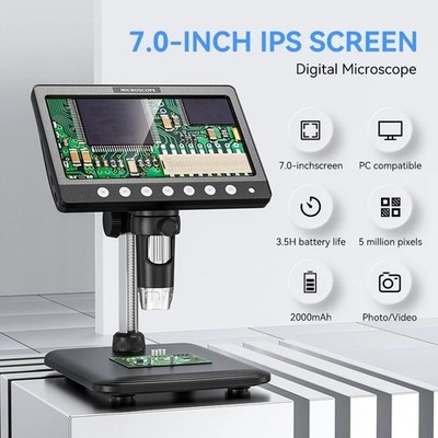 7'' IPS Bildschirm Digital Mikroskop 5MP 1200X Foto & Videomikroskop 8 LED Lichter