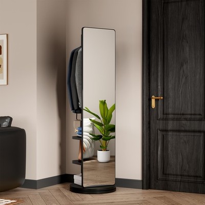 69'' Rotating Full Length Mirror, Hook Storage Rack, Solid Wood, Walnut