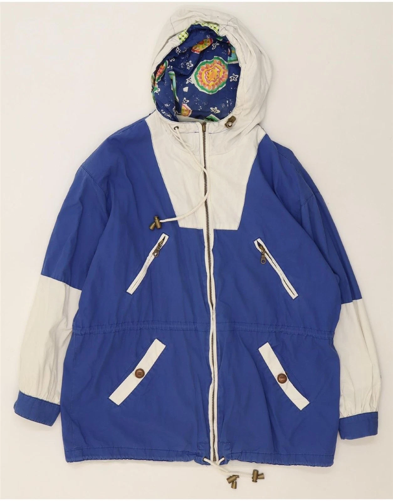 C & A Mens Hooded Windbreaker Jacket UK 42 XL Blue Colourblock Cotton DU87