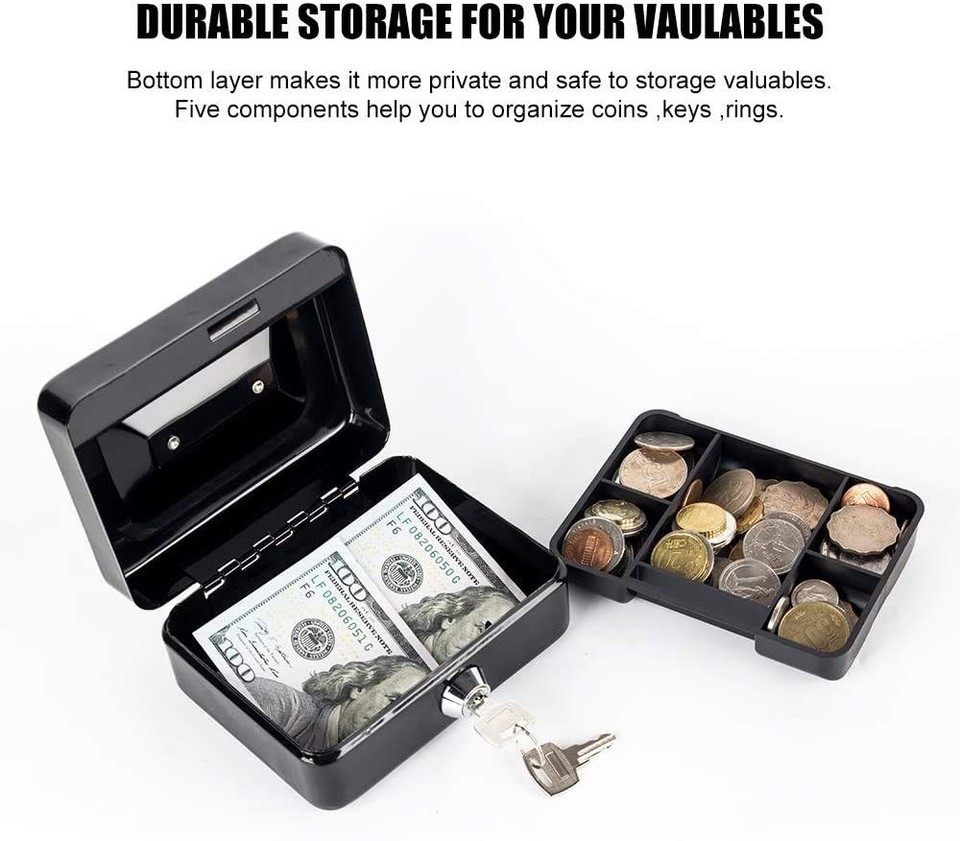 Locking Steel Mini Cash Box with Removable Coin Tray and Key Lock for ...