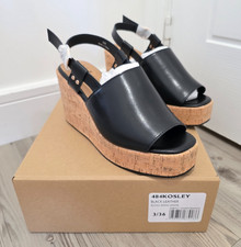 Image of Dune London Kosley Black Buckle Wedge Sandal Leather Open Toe Heels Size UK 3