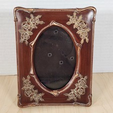 Vintage Ornate Oval Photo Frame Rose Floral Design Brown Gold Tabletop Display