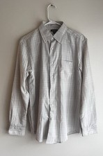 George Men  s Dress Shirt White/Brown Stripe/plaid Button Up Shirt Small 34/36