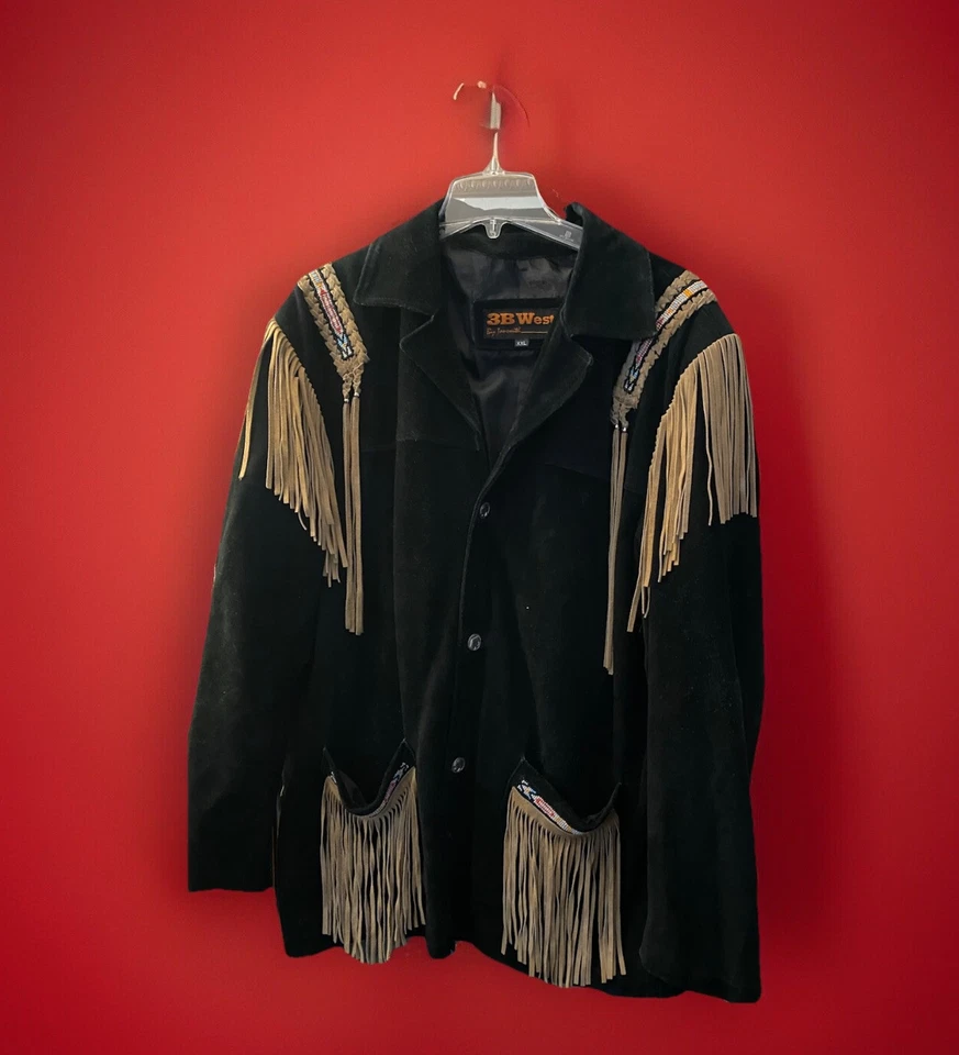 Abrigo 3B WEST Negro Gamuza Cuero Flecos Cuentas Estilo Nativo Americano Talla XXL Foto 2 de 4