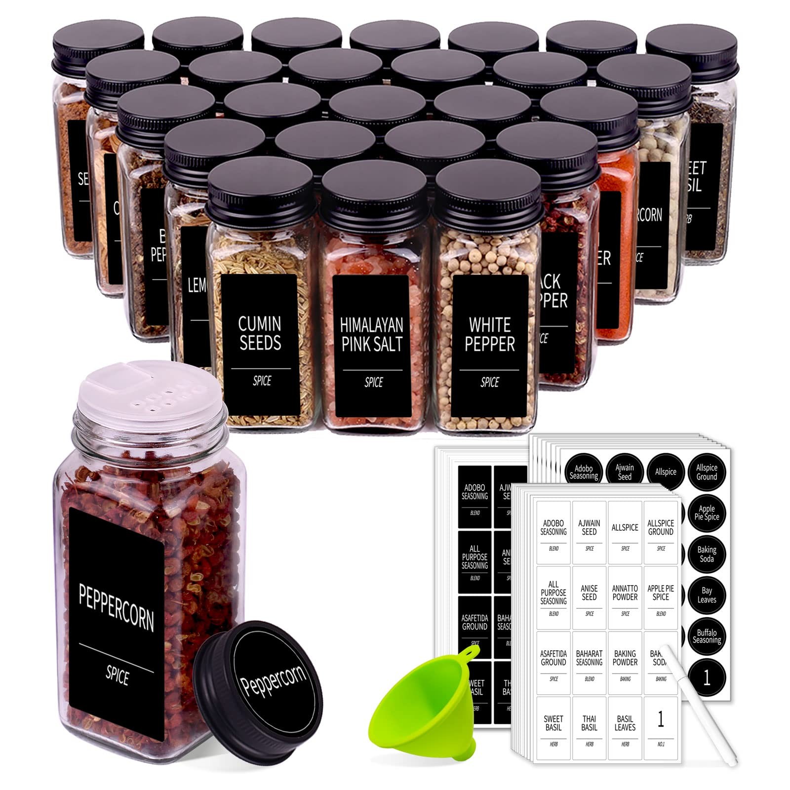 36 Spice Jars with 547 Labels- Glass Spice Jars with Black Metal Caps, 4oz Em...