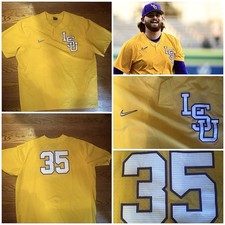lsu baseball team issued Nike Game Official Jersey Rare Yellow Purple 2xl #35