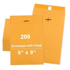 200 Pcs 6 x 9 inch Clasp Manilla Envelopes with Gummed Seal, Small Mailing