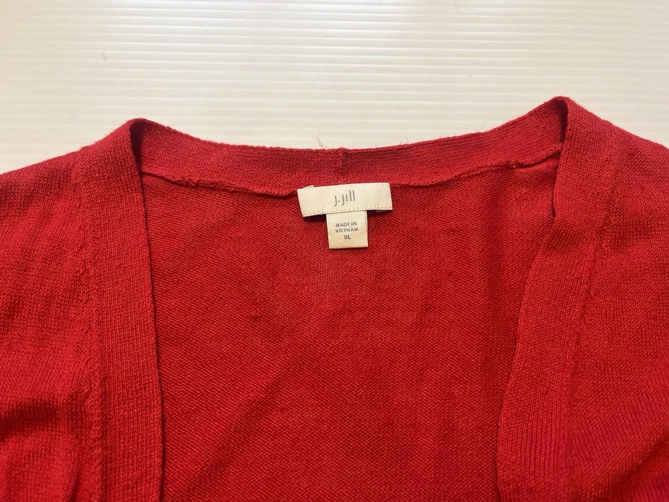 Cardigã feminino J. Jill tamanho XL frente aberta manga longa mistura de linho vermelho - Imagem 3 de 4