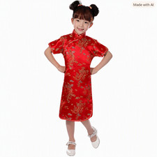 Chinese Dress Cheongsam Qipao New Year Dragon Phoenix Satin Red Sz fits 3-4 yrs