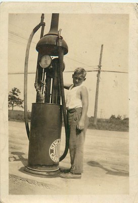 2 3/8x3.5 Snapshot Boy Standing By 1920's Sinclair Oil Gas Pump Montebello CA