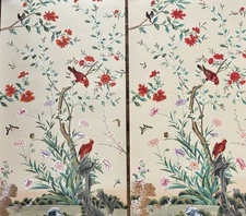 Pr Gracie Style Hand Painted Red Bird Branch Chelsea Chinoiserie Panels 30 X 60