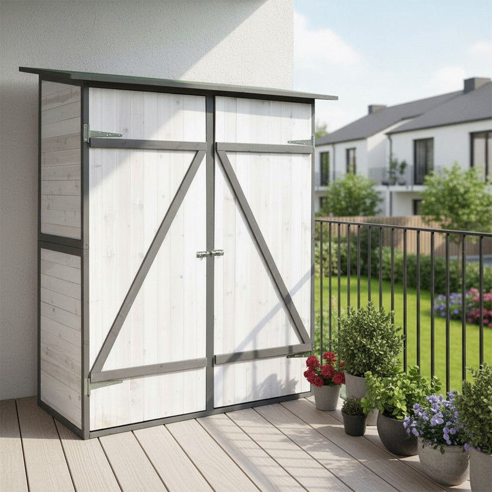 Geräteschrank XXL Werkzeugschuppen Weiß/Grau Gerätehaus Holz Gartenschrank 
