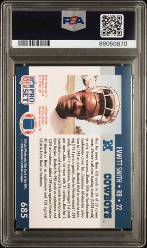 Tarjeta de novato firmada por Emmitt Smith 1990 Cowboys conjunto profesional #685 PSA 7 automático 8 radiocontrol - Imagen 2 de 2