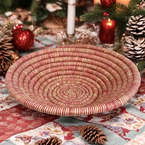 Hand Woven Wedding Red Basket Shallow Coil Natural Table Decor White Art 9.75”