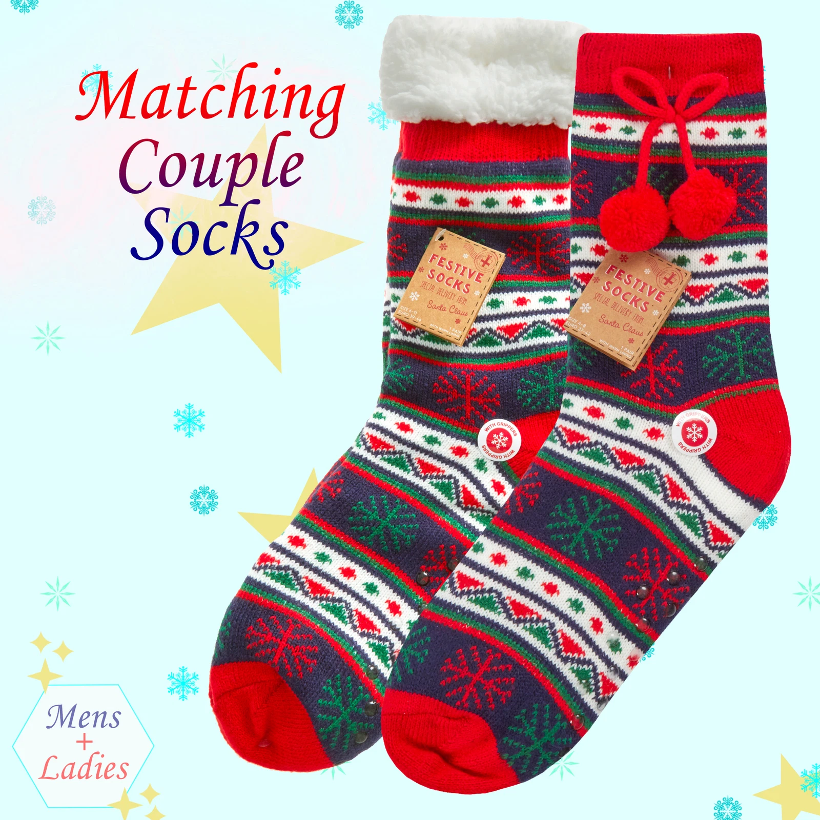 Mens Ladies Thermal Couple Set Xmas Socks Festive Fair Isle Socks UK 6-11 UK 4-8
