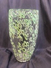 LARGE VINTAGE HAND BLOWN GLASS VASE 15  GREEN  BLACK